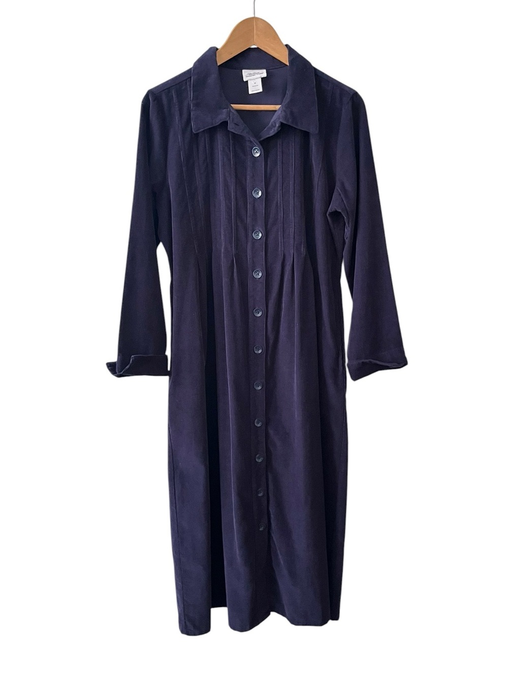 Vermont Country Store Navy Corduroy Pintuck Button Front Dress